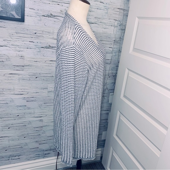 EILEEN Fisher Organic Linen Blend Striped Open Cardigan Sweater White Gray 1-2XL - Picture 6 of 13